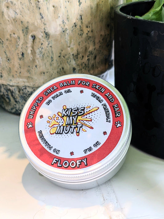 Floofy whipped shea butter balm for paws and skin - a 50 gram tin of moisturising balm with lavender and chamomile essential oils